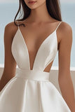 White A Line Satin V Neck Short Cut Out Graduation Dress