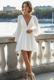 Simple V Neck Long Sleeves A Line Short White Graduation Dress