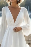 Simple V Neck Long Sleeves A Line Short White Graduation Dress