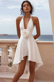 White Satin Ruched V Neck High-Low A Line Short Halter Graduation Dress With 3D Flowers