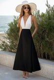 Simple A Line V Neck Black and White Long Holiday Party Dress