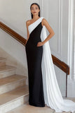 One Shoulder Black and White Sheath Long Formal Dress with Streamer