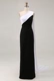 One Shoulder Black and White Sheath Long Formal Dress with Streamer