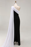One Shoulder Black and White Sheath Long Formal Dress with Streamer