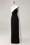 One Shoulder Black and White Sheath Long Formal Dress with Streamer