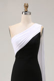 One Shoulder Black and White Sheath Long Formal Dress with Streamer
