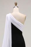 One Shoulder Black and White Sheath Long Formal Dress with Streamer