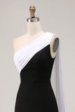 One Shoulder Black and White Sheath Long Formal Dress with Streamer