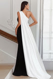 One Shoulder Black and White Sheath Long Formal Dress with Streamer