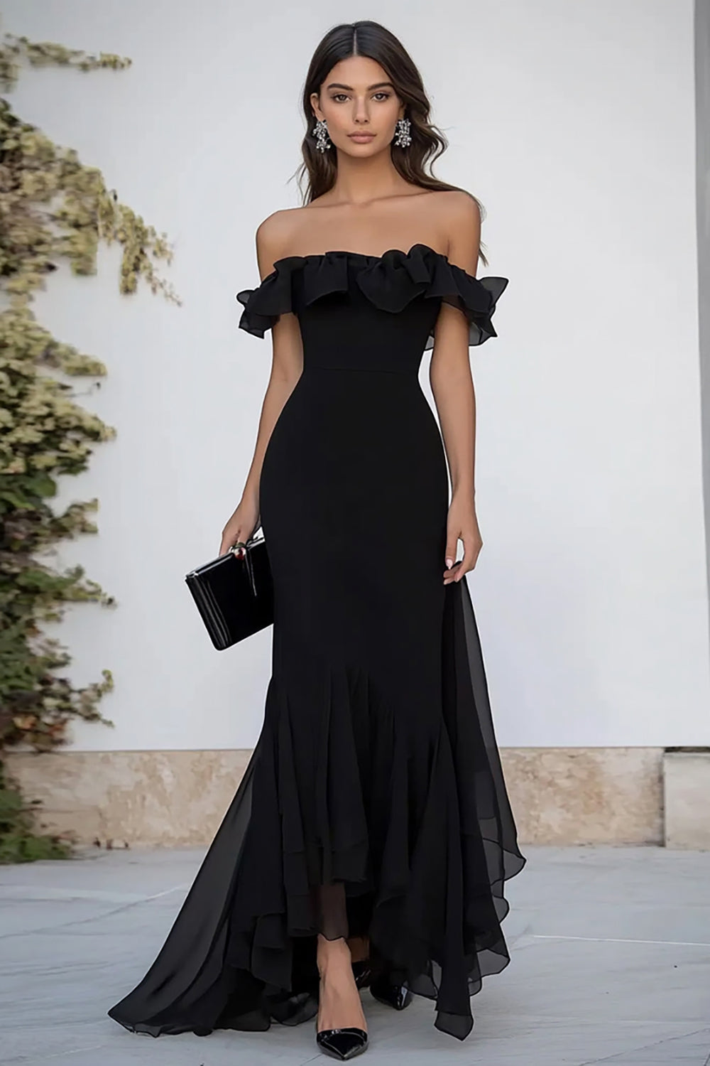 WEDTREND Women Off The Shoulder Black Tie Dress With Ruffles Mermaid Asymmetrical Formal Dress WEDTREND Women Off The Shoulder Black Tie Dress With Ruffles Mermaid Asymmetrical Formal Dress