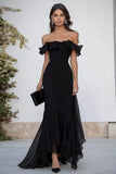 Mermaid Asymmetrical Off The Shoulder Black Tie Dress With Ruffles