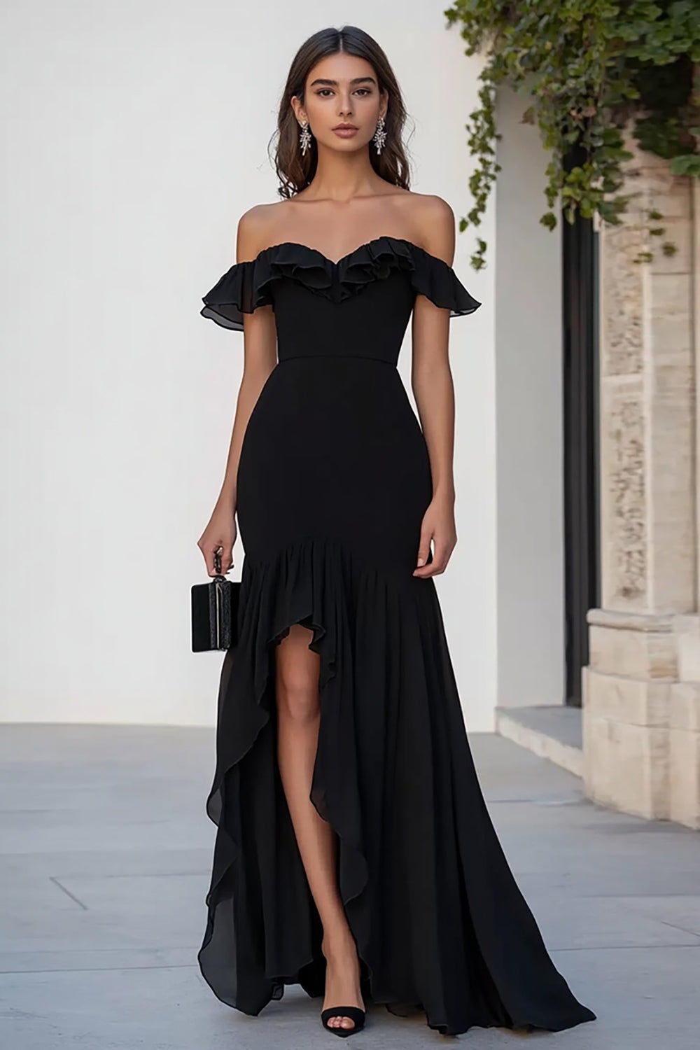 WEDTREND Women Off The Shoulder Black Tie Dress With Slit A Line Long Formal Dress With Ruffles WEDTREND Women Off The Shoulder Black Tie Dress With Slit A Line Long Formal Dress With Ruffles