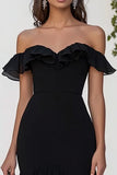 Ruffled A Line Off The Shoulder Black Tie Dress With Slit