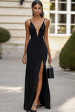 Simple Spaghetti Straps Long Black Tie Dress With Slit