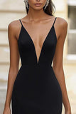Simple Spaghetti Straps Long Black Tie Dress With Slit
