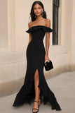 Mermaid Ruffled Off The Shoulder Long Black Tie Dress With Slit