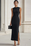 High Neck Bodycon Long Black Tie Dress With Slit