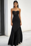 Simple A Line Ruffled Strapless Long Black Tie Dress With Appliques
