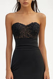 Simple A Line Ruffled Strapless Long Black Tie Dress With Appliques
