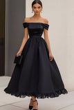 Off The Shoulder A Line Long Black Tie Dress With Ruffles