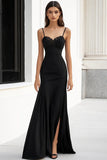 Mermaid Spaghetti Straps Simple Long Black Tie Dress With Slit