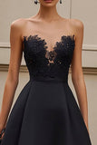 Ruffled Strapless A Line Midi Black Tie Dress With Appliques