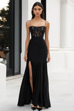 Spaghetti Straps Simple A Line Long Black Tie Dress With Slit