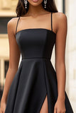 Spaghetti Straps Simple A Line Long Black Tie Dress With Slit