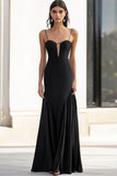 Simple A Line Spaghetti Straps Long Black Tie Dress With Appliques