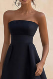 Black Strapless Simple A Line Midi Graduation Dress