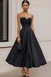 Simple Strapless A Line Long Black Tie Dress With Appliques