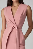 Pink Bodycon Ruched V Neck Work Dress