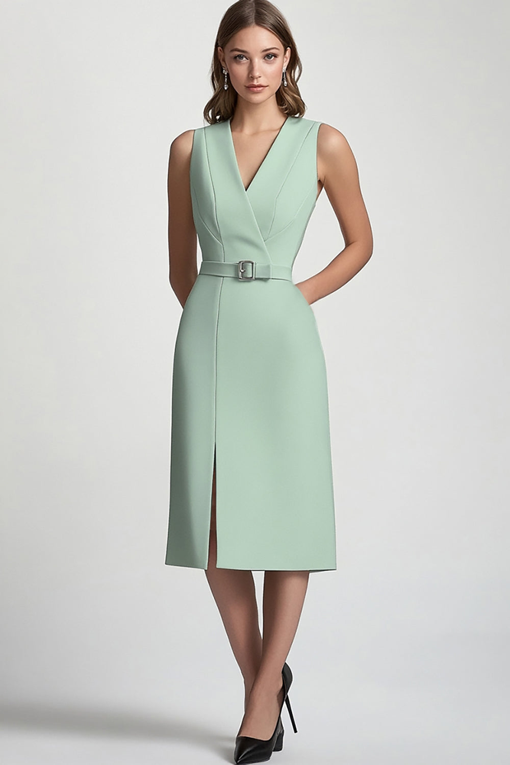 WEDTREND Women Mint Green Formal Dress With Belt V Neck A Line Midi Business Casual Dress WEDTREND Women Mint Green Formal Dress With Belt V Neck A Line Midi Business Casual Dress