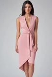 Pink Bodycon V Neck Asymmetrical Cocktail Dress