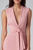 Pink Bodycon V Neck Asymmetrical Cocktail Dress