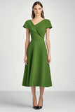 Green Short Sleeves A Line Midi Formal Dress