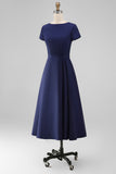 A Line Daffodil Bateau Neck Midi Work Dress with Short Sleeves