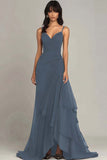 Eucalyptus A Line Spaghetti Straps Ruffled Long Formal Dress