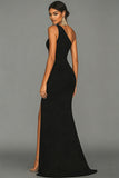 Black Mermaid One Shoulder Long Formal Dress with Slit