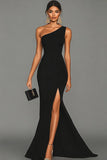 Black Mermaid One Shoulder Long Formal Dress with Slit