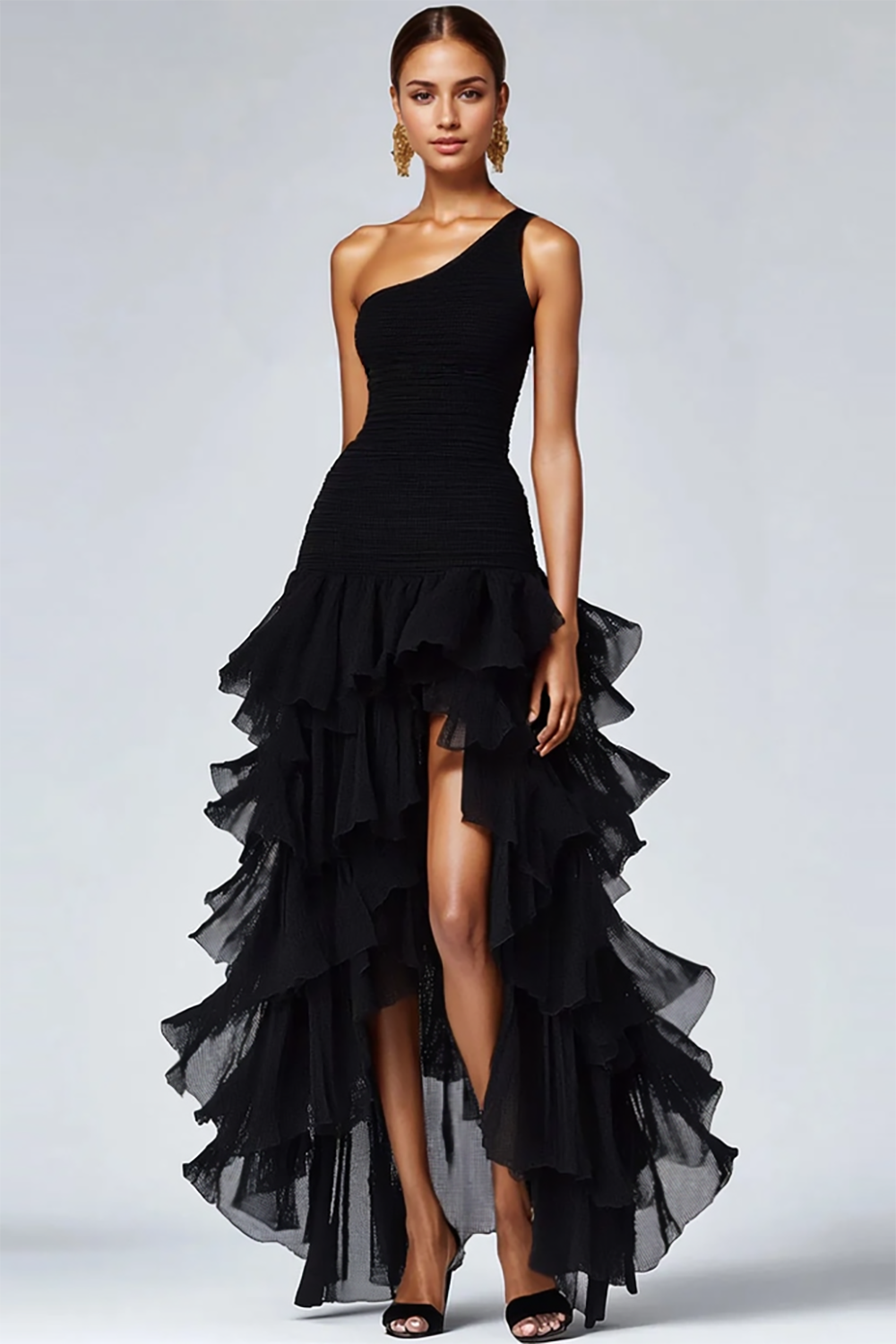 WEDTREND Women One Shoulder Formal Dress High-Low Organza Ruffled A Line Black Tie Dress WEDTREND Women One Shoulder Formal Dress High-Low Organza Ruffled A Line Black Tie Dress