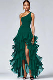 Black One Shoulder Ruffled A Line Formal Dress with Slit
