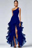 Black One Shoulder Ruffled A Line Formal Dress with Slit