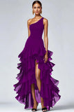 Black One Shoulder Ruffled A Line Formal Dress with Slit
