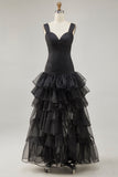 A Line Black Tiered Ruffled Formal Dress with Slit