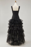 A Line Black Tiered Ruffled Formal Dress with Slit