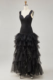 A Line Black Tiered Ruffled Formal Dress with Slit