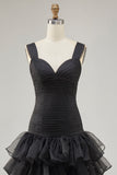 A Line Black Tiered Ruffled Formal Dress with Slit
