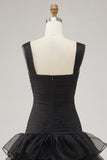 A Line Black Tiered Ruffled Formal Dress with Slit