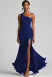 One Shoulder Mermaid Black Formal Dress with Slit